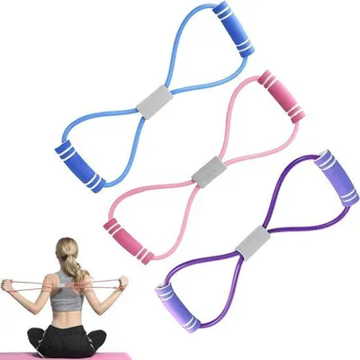 Produktbild von Set aus 3 Widerstandsbändern in 8-Form mit Handgriffen für Zuhause Fitness und Krafttraining, Ideal für Yoga und Muskelstärkung.