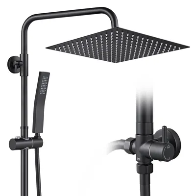 Produktbild von Auralum Regendusche Duschsystem Edelstahl schwarz 30x30 cm eckig, Duschset ohne Armatur, Regendusche schwarz, höhenverstellbar, mit Wasserteiler