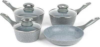 Imagen del producto de Juego de utensilios de cocina para inducción: olla con tapa de vidrio, juego de ollas de 16/18/20 cm, sartenes, sartén de 24 cm, sin PFOA, antiadherente, apto para lavavajillas, aluminio, revestimiento "Marblestone"