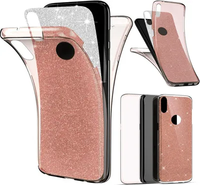 Multiple views of a rose gold glitter phone case for a Samsung Galaxy A50.
