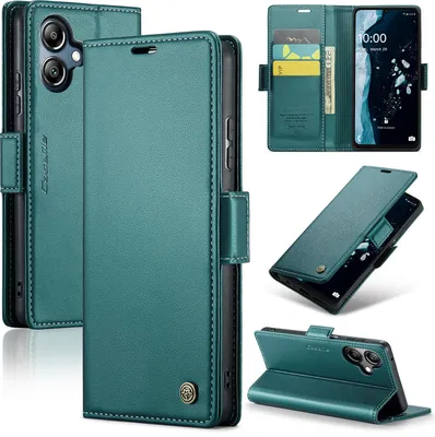 Multiple views of a teal leather phone case with card slots and a stand function, shown with and without a phone inside.