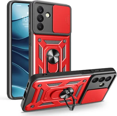 Three views of a red and black smartphone case with a camera cover and ring holder, displayed on a white background.