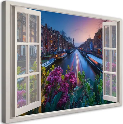 Image de Toile « Vue depuis la fenêtre, paysage urbain d'Amsterdam » 120 x 80 Feeby Bleu, image pour le mur, prête à être accrochée