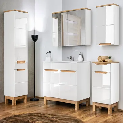 Produktbild von Badmöbel Set 5-teilig 80 cm mit Keramik Waschbecken SOLNA-56 Hochglanz weiß inkl. Standfüßen BxHxT ca.: 180 x 200 x 45 cm