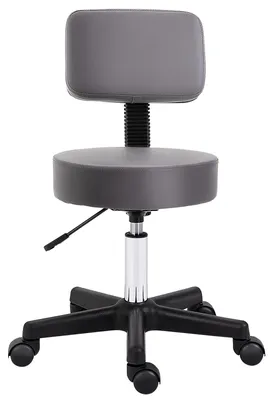 Image de Tabouret pivotant, fauteuil de salon réglable en hauteur avec dossier, revêtement en similicuir gris, rembourrage de 8 cm, 5 roulettes, hauteur réglable de 43 à 55 cm