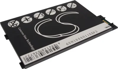 A black battery with white text and logos, lying on a white background.