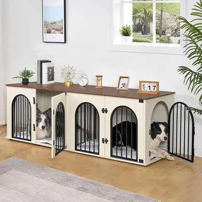 Produktbild von 180 cm Hundekäfig Möbel für 2 Hunde, Doppel-Hundebox mit Kissen, Hundebox aus Holz mit Trennwand, Hundekäfig-Beistelltisch, TV-Ständer-Design für Mittlere/Große Hunde, Weiß Braun DFC91914B