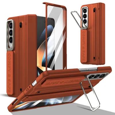 Produktbild von Schutzhülle für Samsung Galaxy Z Fold 3 mit Ständer, Scharnierschutz, Stylus & Handschlaufe, Stoßfestes PC Case Braun