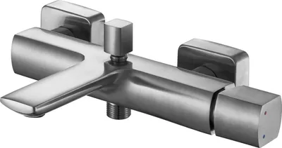 A modern, brushed nickel-finish bathtub faucet with a single lever and a diverter knob.