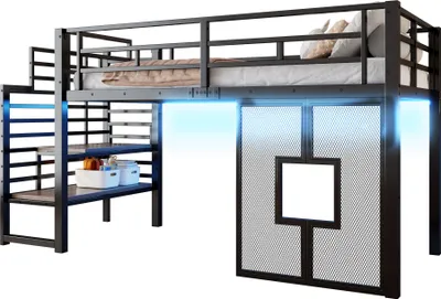 Produktbild von Hochbett mit LED-Streifen, Lattenrost, Rausfallschutz und Fenstern, Treppe mit Regal, 90x200 cm, Einzelbett, Kinderbett, Metall