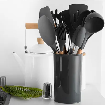 Produktbild von STILVORA Kochbesteck-Sets Silikon, Kochutensilien Set mit Holzgriff, Küchenutensilien Silikon 12-teilig mit Halter, Küchenhelfer Set hitzebeständig, Grau