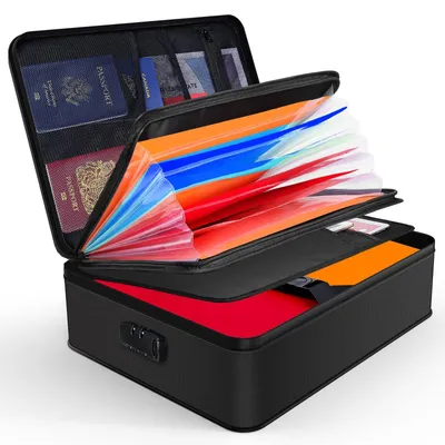 Productafbeelding van Documentenbox aktetas documententas - Vuurvast - Met slot - Zwart - 7 vakken
