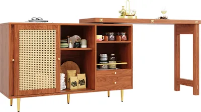 Produktbild von Bartisch mit erweiterbarem Design Rattantür + offenes Lagerregal 360° Drehbarer Bistrotisch Stehtisch Kücheninsel Hochtisch Küchentisch 107 x 40 x 71,