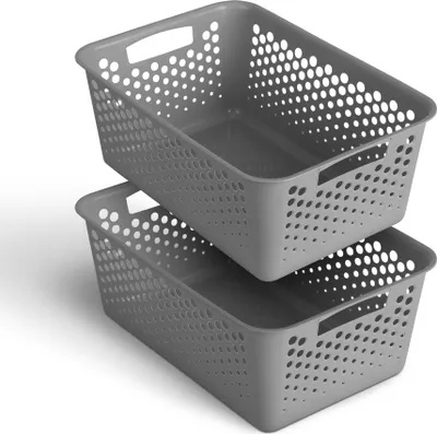 Two gray storage baskets are stacked on top of each other against a white background.