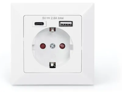 Produktbild von Digitus Sicherheits-Steckdose für Unterputzmontage mit 1 x USB Type-CTM, 1 x USB A, Weiß, 250 V, 50 Hz, 60 mm, 90 mm, 90 mm