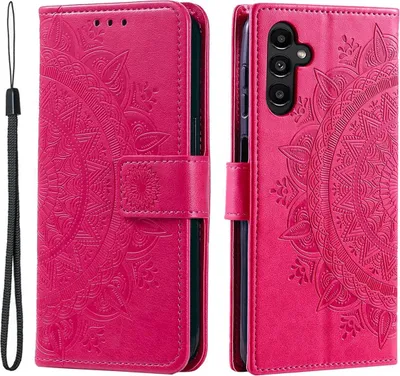 A pink flip case for a Samsung Galaxy A34 5G phone, featuring a mandala design, shown from the front and side.