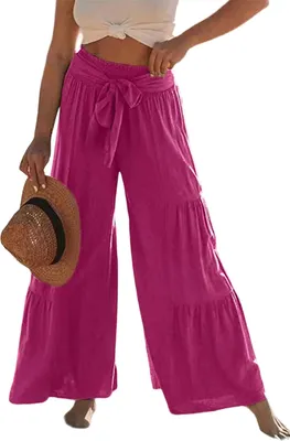 Produktbild von ASKSA Damen Weitem Bein Hose Elegant Hohe Taille Freizeithose Leichte Sommerhose, Rosarot, Groesse: M