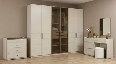 Immagine prodotto di Set per camera da letto beige, moderno, composto da armadio, comò da trucco e mobile contenitore