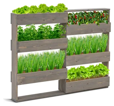Produktbild von Vertikalbeet Riga Kräuterbeet Holz mit 6 Pflanzkästen für Wandmontage oder freistehend für Kräuter, Blumen, Gemüse Farbe: Grau