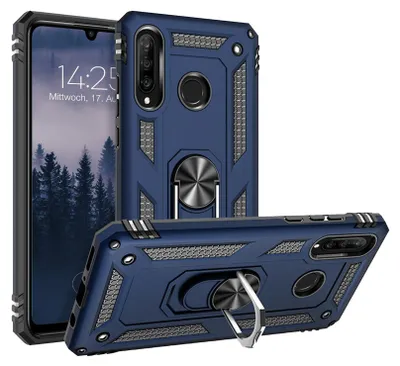 A blue protective phone case with a ring stand is displayed from multiple angles, with a phone partially visible.