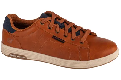 A single brown Skechers shoe is shown against a white background.