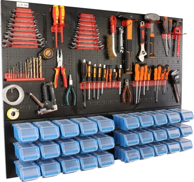 Produktbild von botle® Werkzeugwand Lochwand aus Metall, Stapelboxen + Wandregal + Werkzeughalter 57-tlg Set, Kleinteilelager,  Wandwerkstatt mit 30 stapelbaren Behältern, Hängeregal Sortierregal