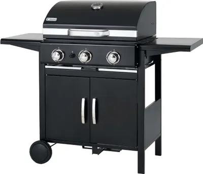 A black gas grill is shown against a white background.