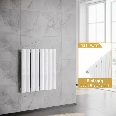 A white panel radiator mounted on a grey tiled wall, with an inset image showing a close-up of the radiator's connection and text details.