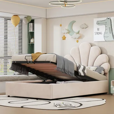 A child's bedroom with a bed that has its storage compartment open.