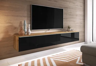 Produktbild von MINIO TV-Lowboard DONNA 180 cm - TV-Schrank Wotan Eiche / Schwarz Hochglanz