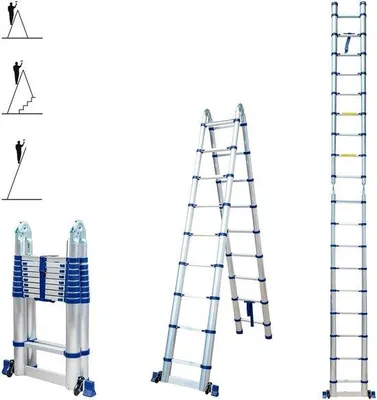 Produktbild von Professionelle Teleskopladder 5,6m, 2 x 9 Stufen, multifunktional, opklappbar, max. Höhe 6,5m