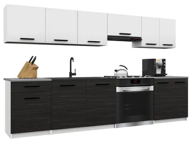 Obrázok produktu pre Belini Moderná kuchynská linka ITALIA 2 – kuchynský nábytok 240 cm, biela a ebenová matná – vstavaná kuchyňa so závesnými skrinkami, spodnými skrinkami a pracovnými doskami