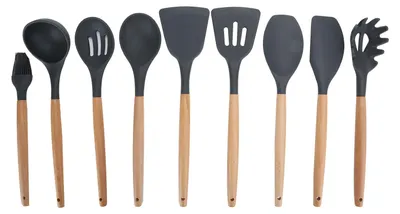 Produktbild von 9-teiliges Silikon-Küchenhelfer-Set, antihaftbeschichtet, mit Holzgriff