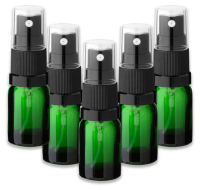 Produktbild von 5x Grüne Glasflasche 5 ml mit schwarzem Zerstäuber Sprühkopf Pumpspray