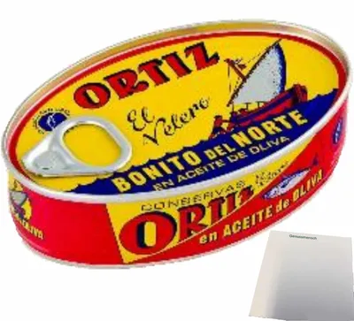 Produktbild von Conservas Ortiz Bonito del Norte, weißer Thunfisch in Olivenöl (112g Dose) + usy Block