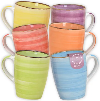 Produktbild von Kaffeetassen Set Bunt, 6er Set Steingut-Tassen, 340 ml