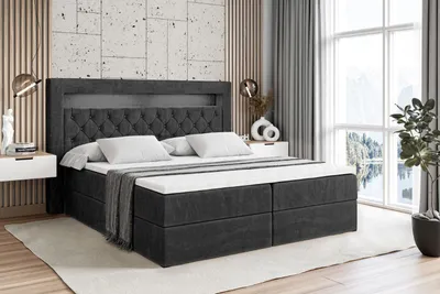 Produktbild von ALTDECOR Boxspringbett mit Matratze (20 cm hoch) und Topper (4 cm hoch), Polsterbett mit Kopfteil, Bettkasten und LED Licht - NOEL GOLD - 180x200 - H3 / Schwarz Samt