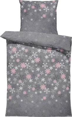 A flat lay of a duvet cover and pillowcase set with a snowflake pattern.