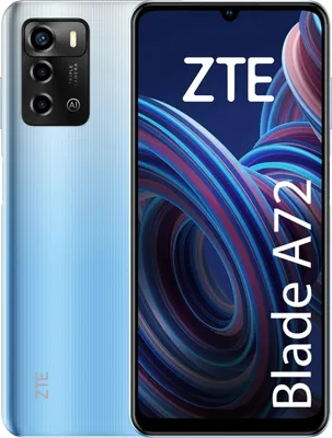 A marketing image of a ZTE Blade A72 smartphone, showing its front and back.