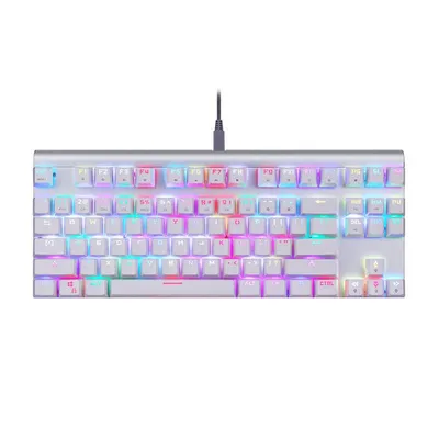 A white mechanical keyboard with RGB lighting, shown from a top-down perspective against a white background.