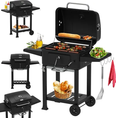 Produktbild von Zilan Profi Holzkohlegrill mit Deckel großer Grillfläche Standgrill Grillhöhenverstellbarer Kohlewanne Seitentischen Thermometer Ablagefläche Aschebehälter Lüftungssystem auf Rädern für Garten Terrasse Balkon