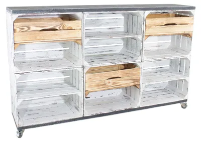Produktbild von Kommode/ Raumtrenner aus 6 shabby weißen Kisten mit 3 geflammten Schubladen sowie 2 Bohlenbrettern auf Rollen, 150x93x30