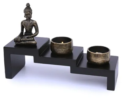 Productafbeelding van Miniatuurtuin met Boeddha-beeldje - Feng Shui theelichthouder - Esoterische set met 2 theelichthouders