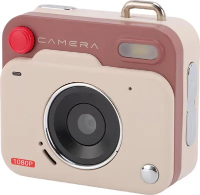 A close-up front view of a small, retro-style digital camera.