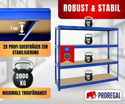Produktbild von Schwerlastregal DINO | HxBxT 180x200x60cm | 4 MDF-Platten-Ebenen 6,5 mm | Fachlast 500kg | Blau