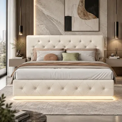 Zdjęcie produktu dla Łóżko tapicerowane INONEFT, 140x200 cm, z oświetleniem LED, z hydraulicznym podnośnikiem i pojemnikiem na pościel, stelaż łóżka, bez materaca, obicie z weluru, kolor beżowy, Obraz wygenerowany przez AI