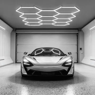 A silver McLaren sports car is parked in a modern garage with hexagonal ceiling lights.
