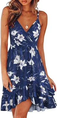Productafbeelding van Dames zomerjurk met bloemenprint, V-hals, ruches en verstelbare spaghettibandjes