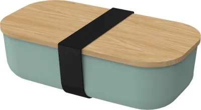 A mint-colored lunchbox with a wooden lid and a black elastic strap.