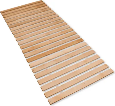 A wooden slatted bed base is shown against a white background.